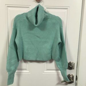 Wild Fable Cropped Sweater Cowl Neck Ribbed Knit Long Sleeve Turquoise NWT Sz S